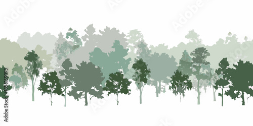 A serene forest landscape with layered silhouettes of trees and foliage