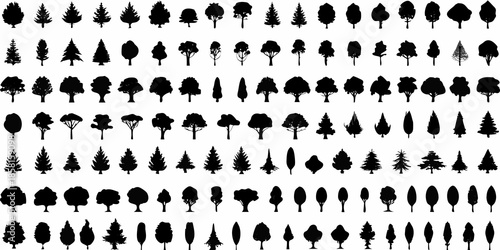 A dense collection of black silhouettes depicting various tree types and shapes