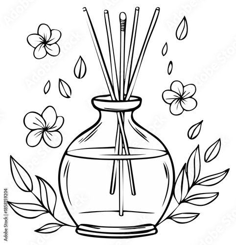 Outline drawing of aroma diffuser with sticks, flowers and leaves for coloring book