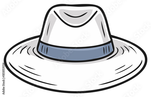 Classic white fedora hat with a grey band and a wide brim illustration