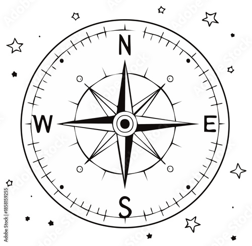 Vintage Nautical Compass Rose Line Art with Stars for Direction Finding
