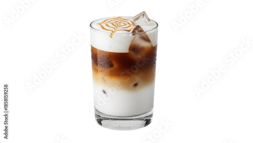 Foto Iced caramel latte macchiato in glass isolated PNG, refreshing coffee drink with