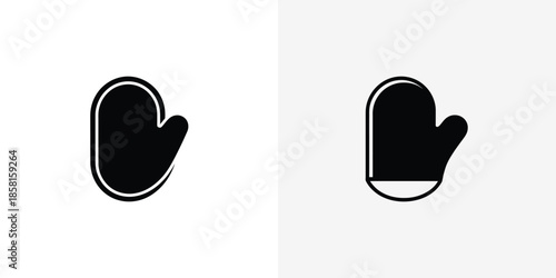 Two black minimalist icons depict different styles of oven mitts or kitchen gloves for cooking protection