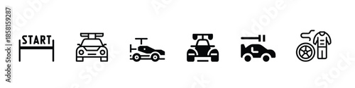 Car racing and motorsport icon set – outline symbols of race cars, start gate and racing equipment