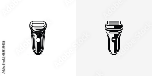 Two distinct black electric shaver icons are presented on a light background, showcasing different grooming device styles