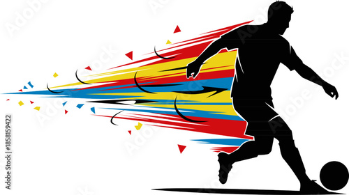 Silhouette of soccer player with abstract elements. Perfect for sports blogs, posters, or social media posts with dynamic visuals.