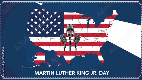Martin Luther King Jr Day background featuring United States map with American flag and vintage microphones for federal holiday speech celebration (21 words)