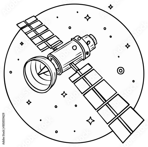 Stylized Satellite Orbiting Planet with Stars and Cosmic Elements in Simple Outline