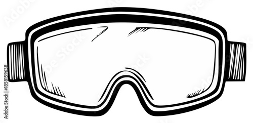 Sporting goggles with thick black frame and transparent lenses, hand-drawn outline style