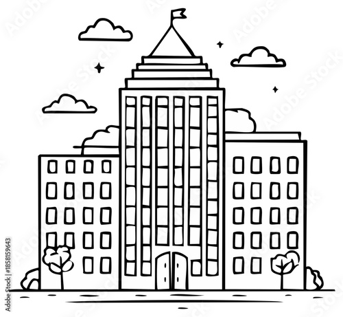 Stylized Vector Illustration of a Large Multi-Story Building with a Flag and Clouds
