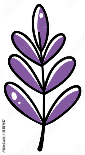 Simple illustration of a purple leaf sprig with outlines in a cartoon style