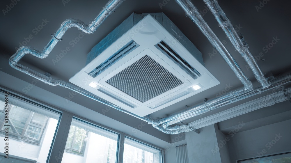 Obraz premium Overhead perspective of a white ceiling-mounted air conditioning unit with connected ductwork. The setting includes windows and a cool, muted color palette