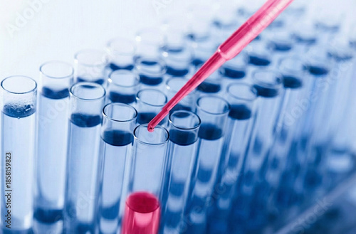 Red pipette filled with blue liquid is being held above multiple test tubes.