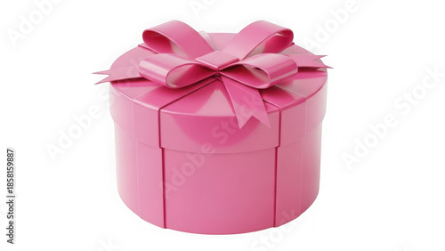 Vibrant pink round gift box with ribbon bow  isolated on transparent background