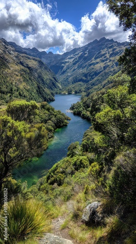 Scenic View of a Turquoise Lake Surrounded by Lush Green Forest Under a Cloudy Blue Sky in the Mountains During Daylight with Sparkly Water Reflections