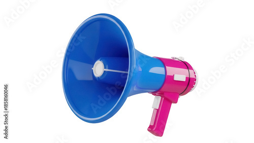 Pink and blue megaphone PNG isolated on transparent background, loud speaker for announcements and promotions, communication device