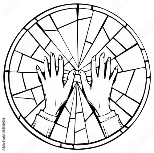 Two hands reaching out towards a cracked circular stained glass window in black and white
