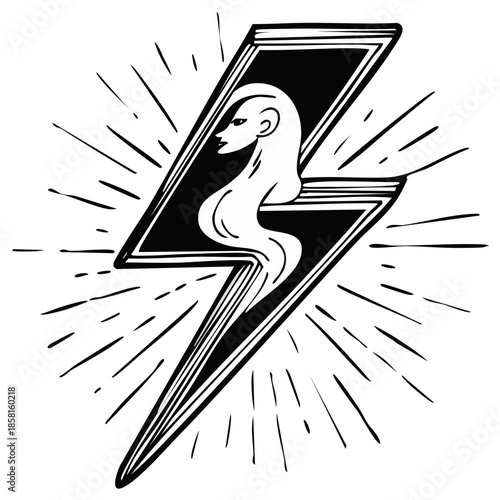 Mythical woman's face emerges from a stylized lightning bolt with radiating lines