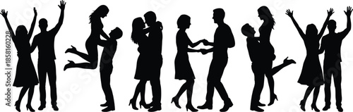 Happy dancing couples silhouettes celebrating love joy movement isolated on white background romantic relationship social dance illustration collection elegant modern
