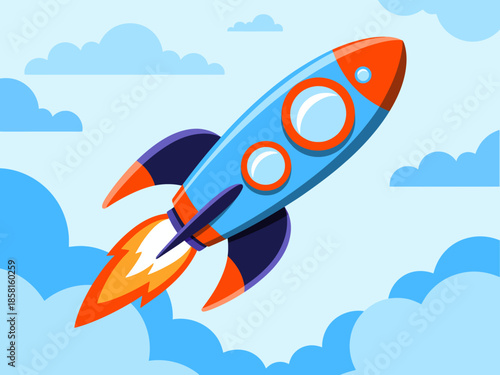 A vivid illustration of a cartoon rocket blasting off into a bright blue sky full of clouds, symbolizing adventure and exploration for kids and science enthusiasts.