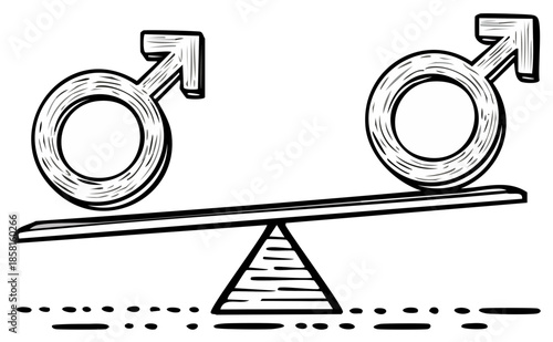 Balancing gender equality, masculine symbols on a seesaw representing fairness and equilibrium.