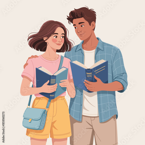 A young couple standing together and reading books, showcasing a warm moment of connection and shared interests amidst an outdoor setting with a cheerful vibe.