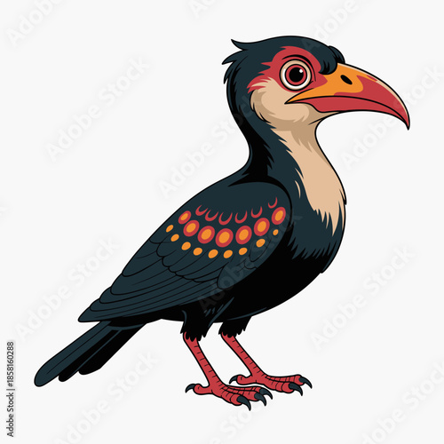 A vividly styled bird illustration features bright colors and distinctive markings, showcasing the beauty and diversity of avian life in a whimsical artistic manner.