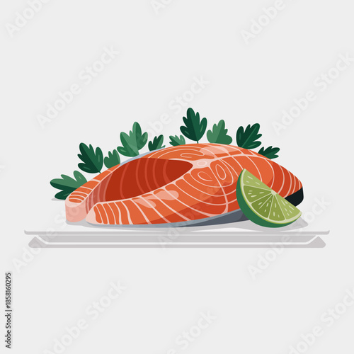 A beautifully presented salmon fillet garnished with lime and greens, placed elegantly on a white plate, representing gourmet cooking and healthy eating.