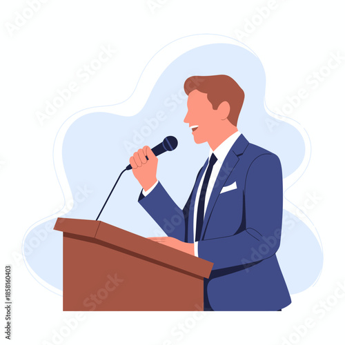 An illustration of a confident speaker passionately addressing an audience from a podium, representing public speaking, charisma, and the importance of effective communication skills.