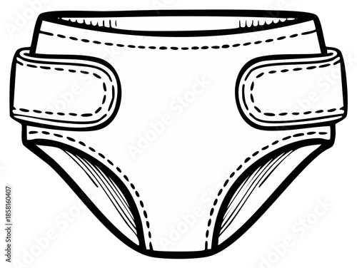 Line art illustration of a diaper with velcro closures, isolated on white, sketch style