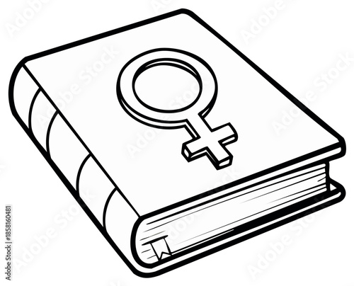 Bound Book Illustration with Female Symbol on Cover Monochrome Sketch