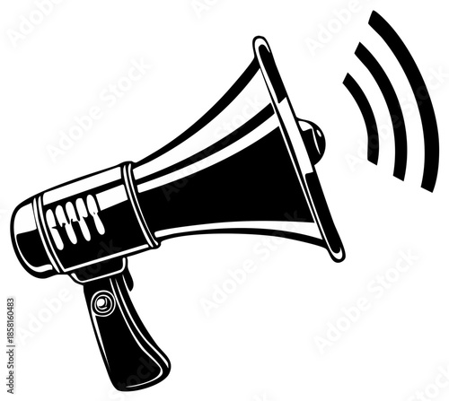Black and white illustration of a megaphone broadcasting sound waves.