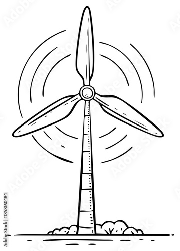 Sketch of a wind turbine with spinning blades generating clean energy in a grassy field