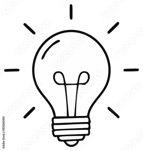 Hand drawn simple outline illustration of a glowing light bulb with rays of light radiating outwards