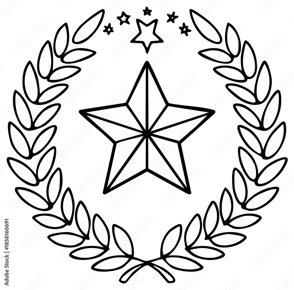Obraz premium Outline star emblem surrounded by laurel wreath with star symbols above, elegant design for awards, achievements, or decoration.