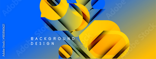 Abstract geometric shapes, vibrant colors, dynamic composition. Blue gradient background enhances yellow forms, creating modern visual impact.