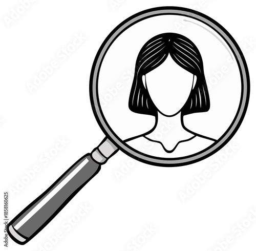 Magnifying glass showing outlined woman with bob haircut for search concept