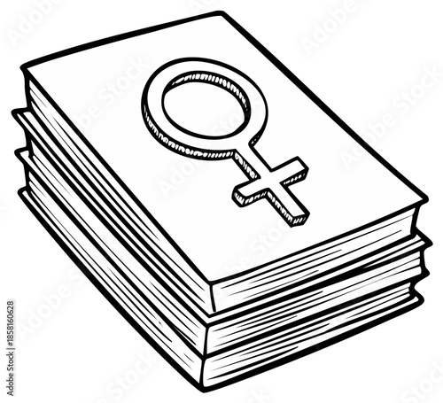 Books stacked with female gender symbol, outline