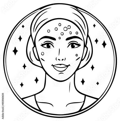 Young woman with clear skin and small blemishes in a starry circular frame illustration