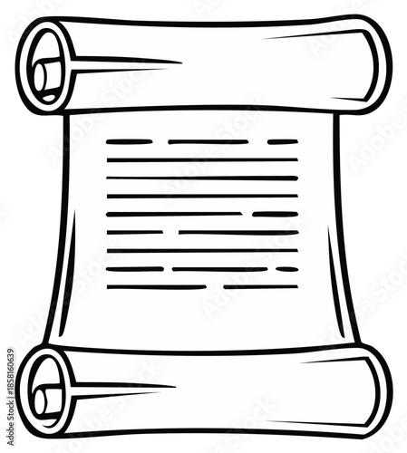 Ancient scroll unfurled with handwritten text and rolled edges in a vintage outline style