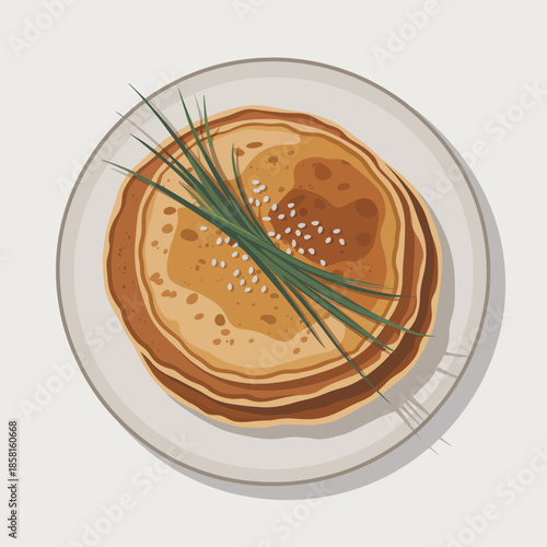 A mouthwatering plate of golden-brown pancakes topped with fresh chives reflects a delightful breakfast or brunch option, embodying culinary artistry and comfort food vibes.