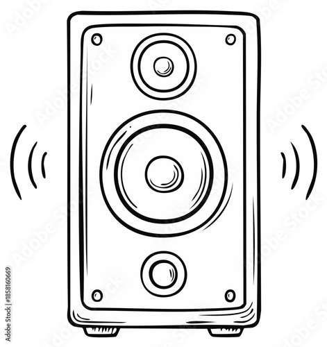 Line Art Illustration of Speaker with Sound Waves Emitting from It in Black and White