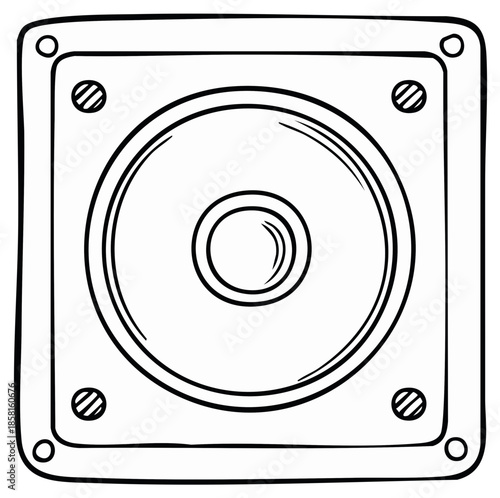Hand drawn illustration of a speaker with a square frame and four screw heads