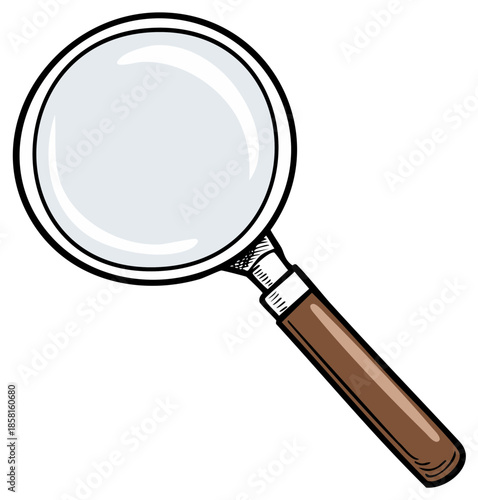 Magnifying glass with wooden handle and white circle representing lens