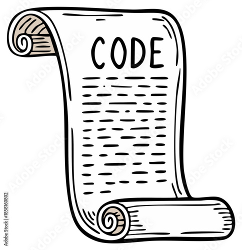 Hand drawn illustration of an ancient scroll with the word CODE written at the top in bold letters