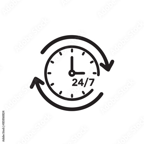 Twentyfourseven availability and continuous service clock icon