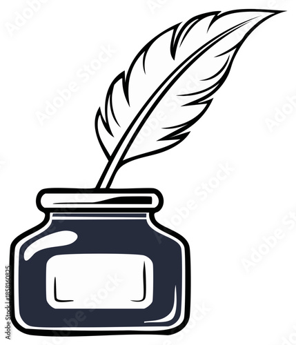 Inkwell with feather pen illustration. Classic writing concept graphic.