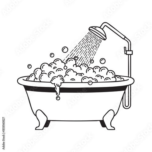 Vintage clawfoot bathtub filled with bubbles and running shower