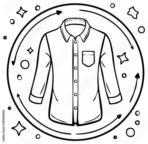 Shirt inside a circular symbol for clothing care with stars and bubbles. Line art icon represents laundry or dry cleaning