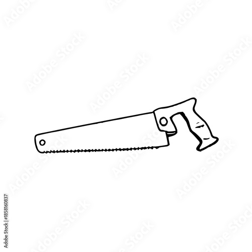 Hand saw black line art isolated on a white background.